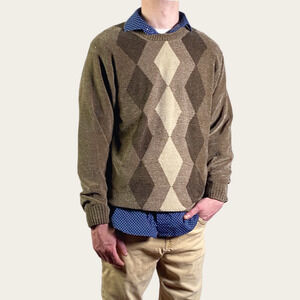 Dockers Brown Argyle Grandpa Pullover Fuzzy Crew Sweater Sz Large